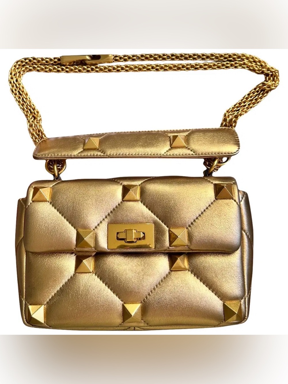 Valentino Garavani Gold Quilted Leather Shoulder Bag with Pyramid Studs